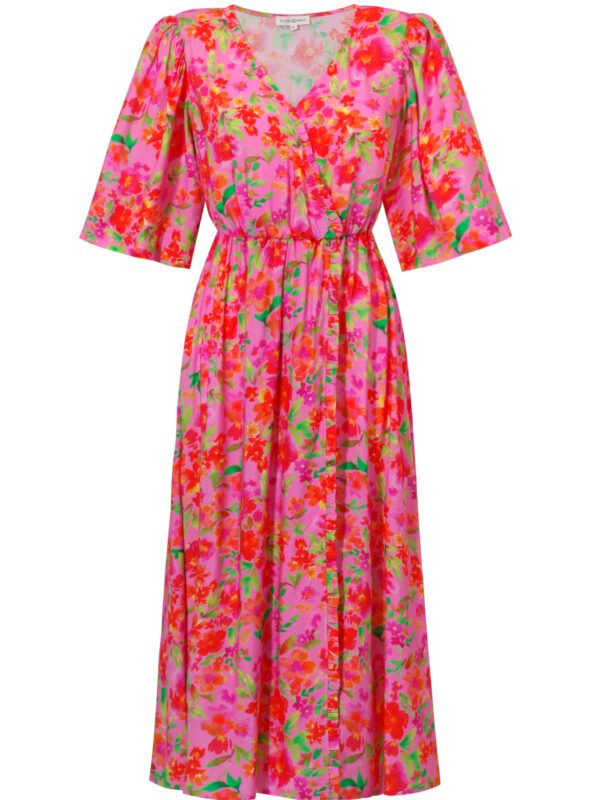 Isabella Dress- Sukienka midi z rozcięciem różowo-zielona